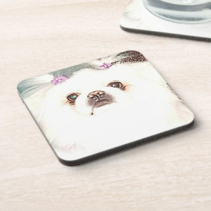White Pekingese Dog Hard plastic coaster