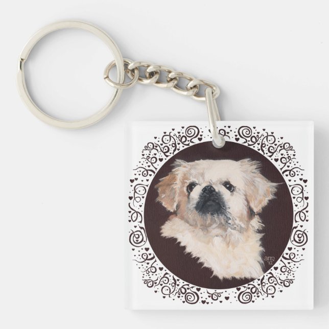 White Pekingese Head Study Key Ring (Front)