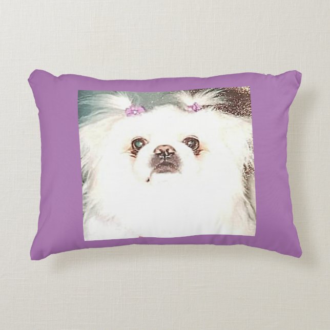 White pekingese puppy accent throw pillow. decorative cushion (Front)