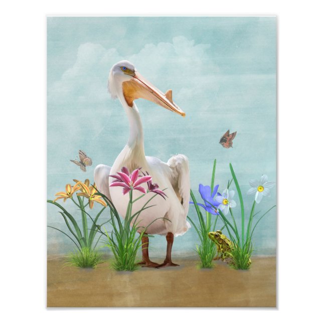 White Pelican with Flowers and Butterflies Photo Print (Front)