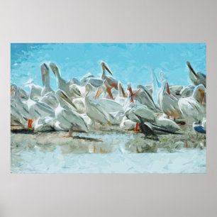 White Pelicans and Black Cormorant Abstract Poster