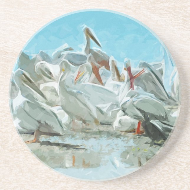 White Pelicans and Black Friend Abstract Coaster (Front)