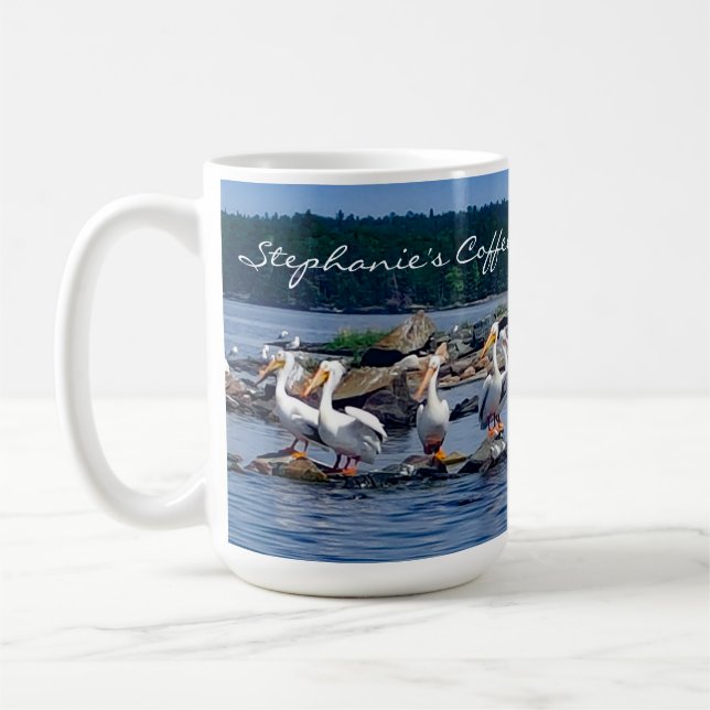 White Pelicans Party on the Lake Personalised Coffee Mug (Left)
