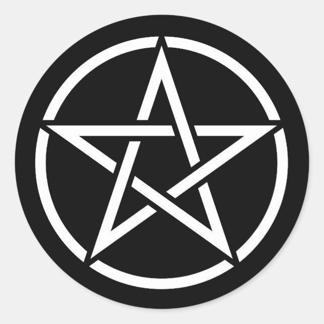 White Pentagram on Black Classic Round Sticker (Front)