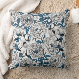 White peonies and blue tit birds cushion