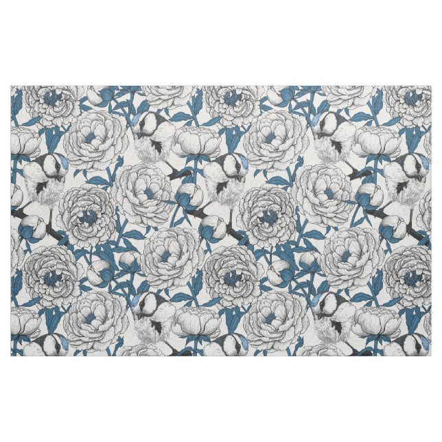 White peonies and blue tit birds fabric (Fat Quarter)