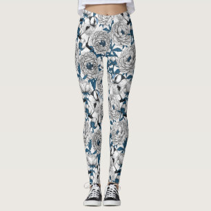 White peonies and blue tit birds leggings