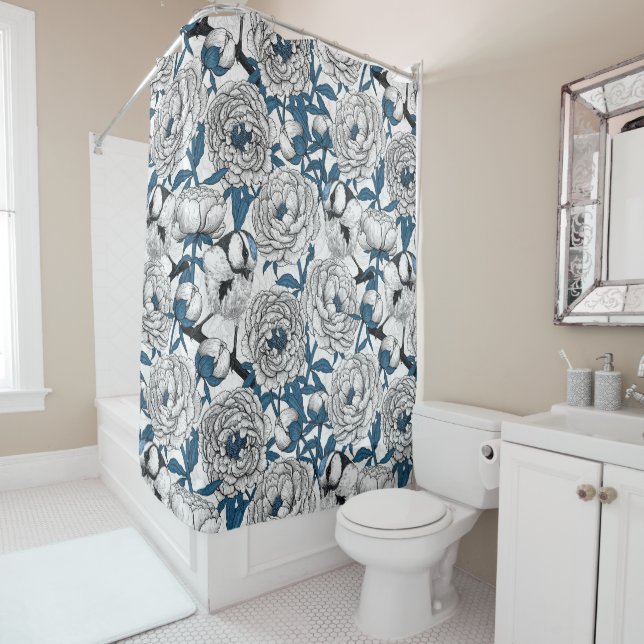White peonies and blue tit birds shower curtain (In Situ)