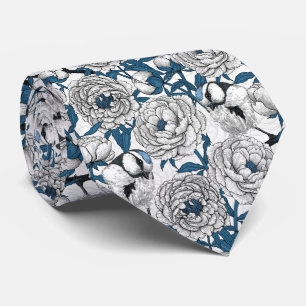 White peonies and blue tit birds tie