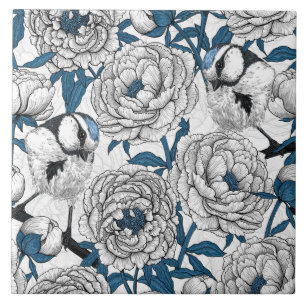 White peonies and blue tit birds tile