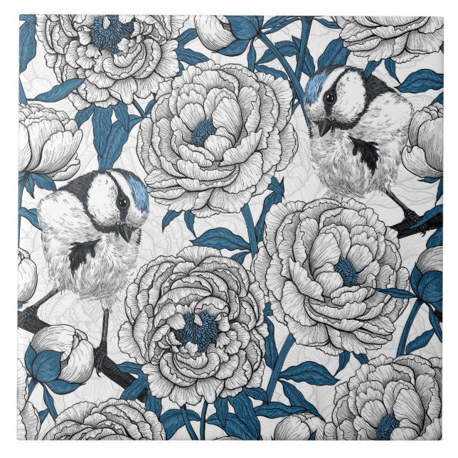 White peonies and blue tit birds tile (Front)