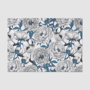 White peonies and blue tit birds tissue paper