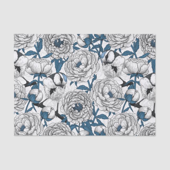White peonies and blue tit birds tissue paper (Front)