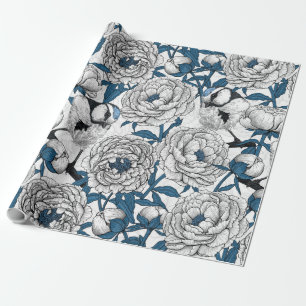 White peonies and blue tit birds wrapping paper