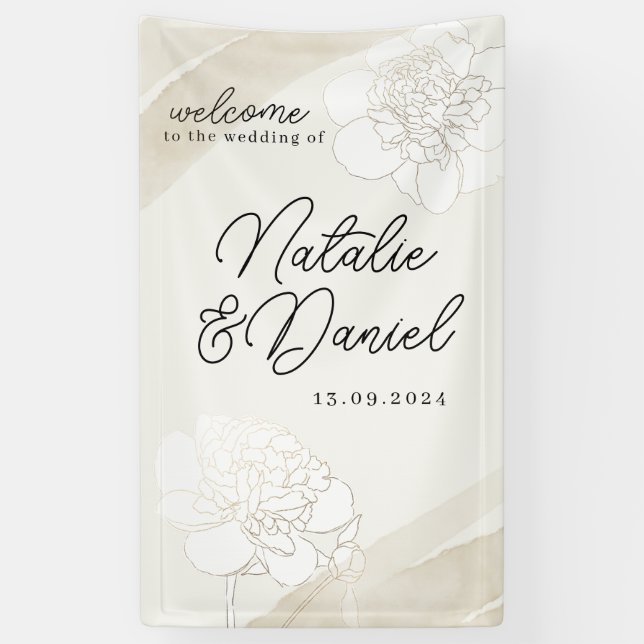 White Peonies Blossoms Wedding Sign (Vertical)