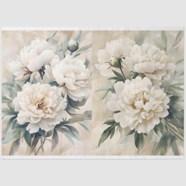 White Peonies Decoupage Tissue Paper (Front)
