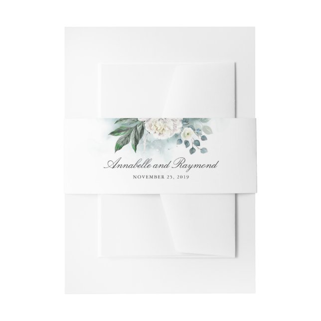 White Peonies Elegant Watercolor Wedding Invitation Belly Band (Front Example)