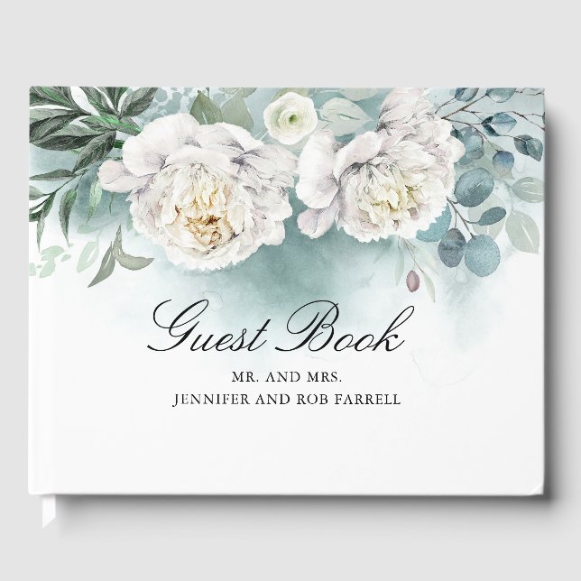 White Peonies Floral Wedding Guest Book (Front)