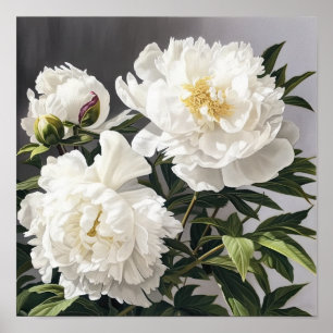 White Peonies Flower Art Print Poster