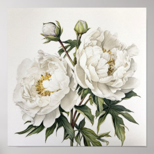 White Peonies Flower Art Print Poster