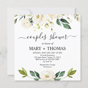 White Peonies Foliage Couples Shower Invitation