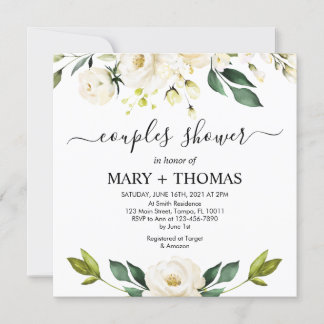 White Peonies Foliage Couples Shower Invitation