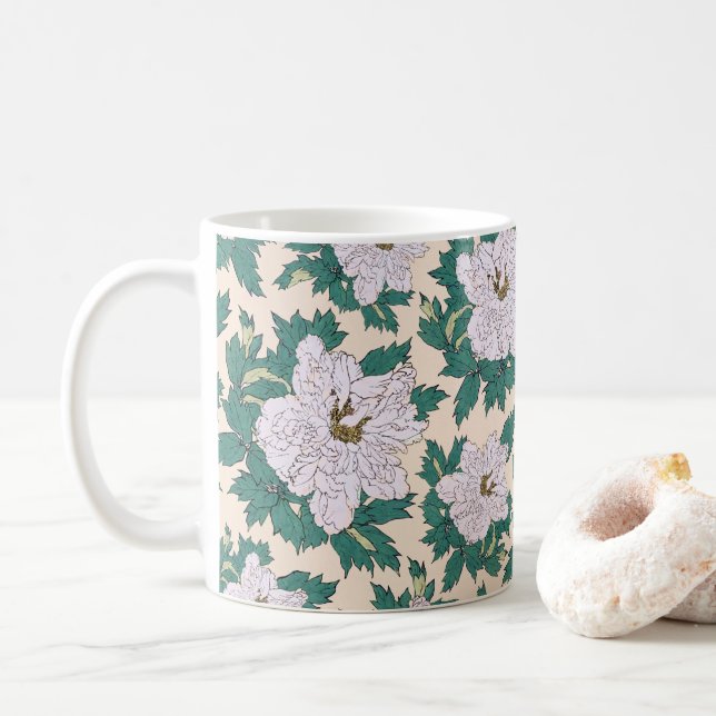 White Peonies & Green Leaves Coffee Mug (With Donut)