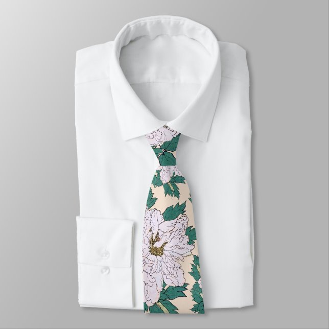 White Peonies & Green Leaves Tie (Tied)