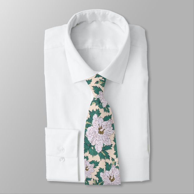 White Peonies & Green Leaves Tie (Tied)