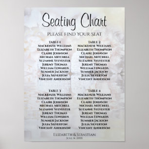 White Peonies Hearts 4 Table Wedding Seating Chart