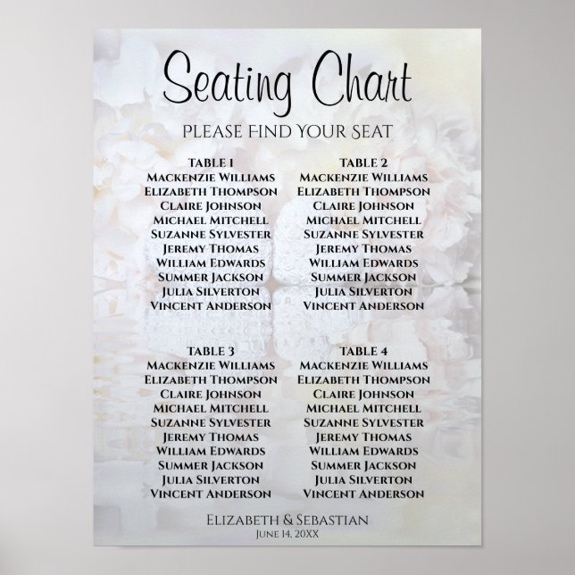 White Peonies Hearts 4 Table Wedding Seating Chart (Front)