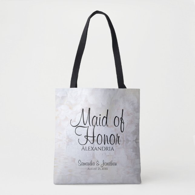 White Peonies & Hearts Wedding Maid of Honor Tote Bag (Front)