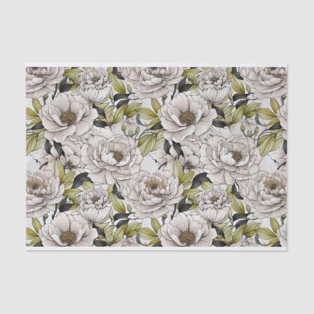 White Peonies Illustration with Light Green Leaves Tissue Paper (Front)