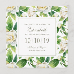 White Peonies & Leaf Watercolor - Bridesmaid Invitation