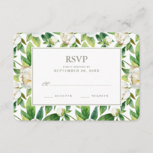 White Peonies & Leaf Watercolor - RSVP Card