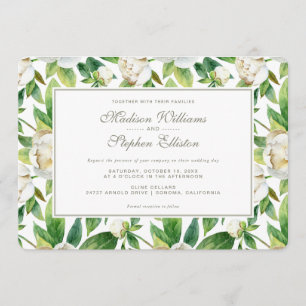 White Peonies & Leaf Watercolor - Wedding Invitation