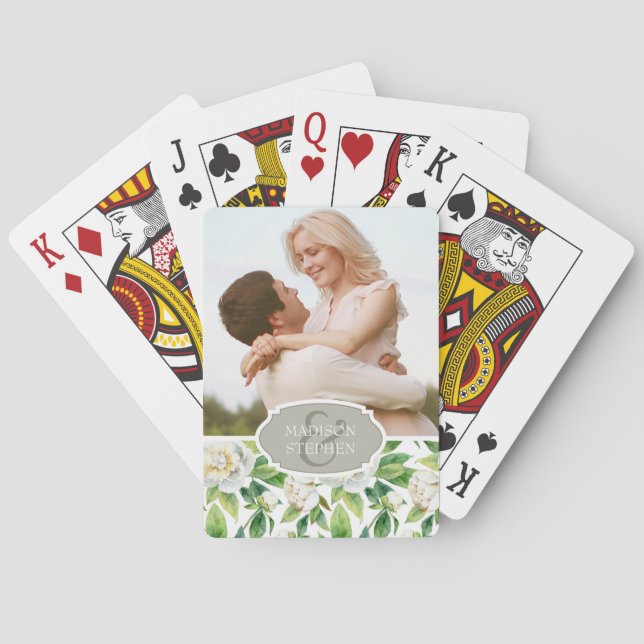 White Peonies & Leaf Watercolor - Wedding Playing Cards (Back)