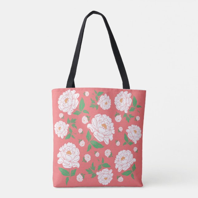 White Peonies Living Coral Background Tote Bag (Back)