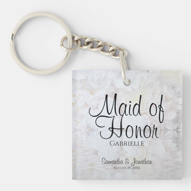 White Peonies Maid of Honour Wedding Favour Key Ring (Front)
