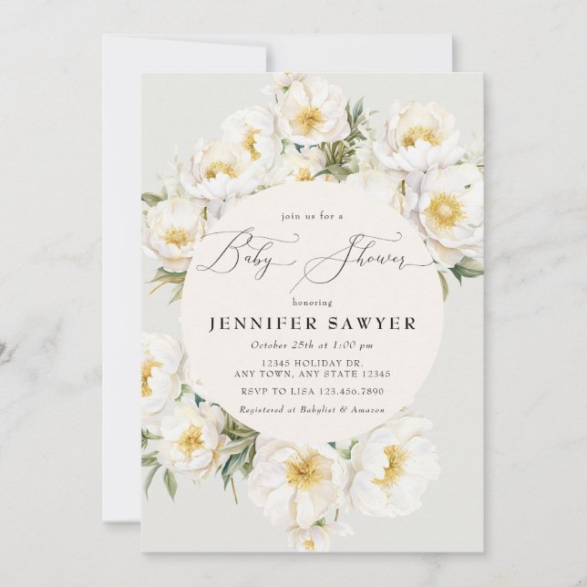 White Peonies | Photo Baby Shower Invitation (Front)