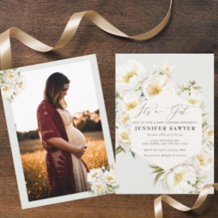 White Peonies Photo Baby Shower Invitation