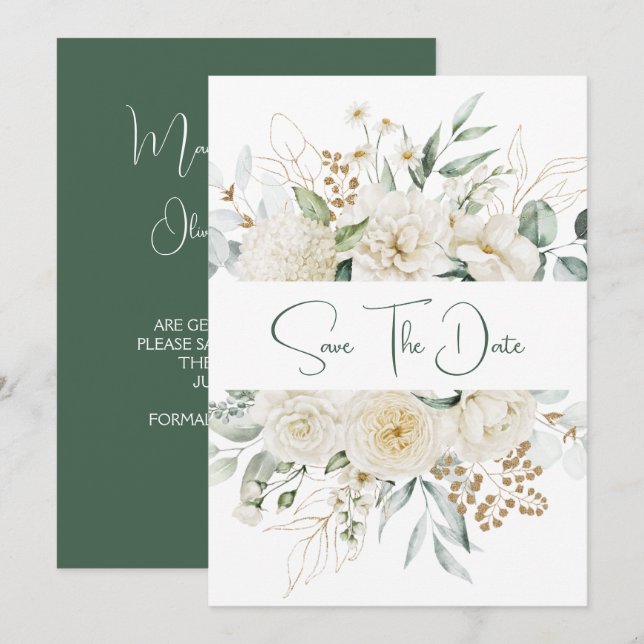 White Peonies Roses Eucalyptus Save the Date (Front/Back)
