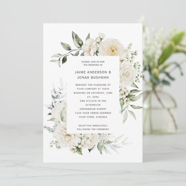 White Peonies Roses Eucalyptus Wedding Invitation (Standing Front)