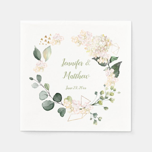 White Peonies Roses Geometric Wreath Wedding Napkin (Front)