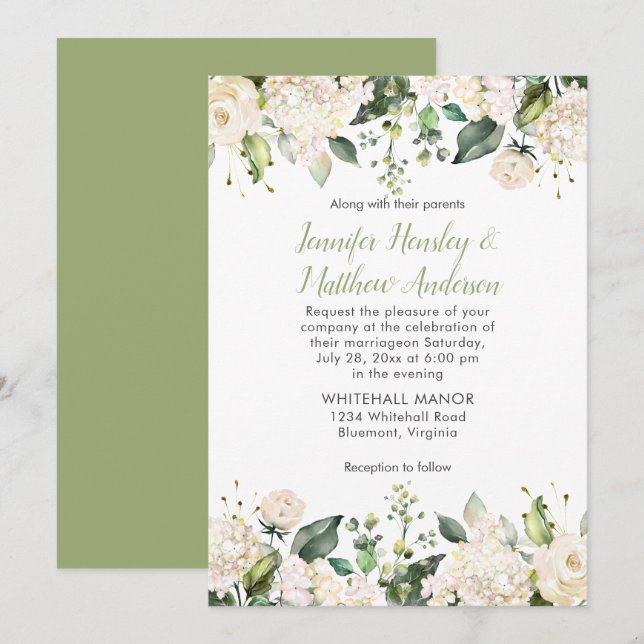 White Peonies Roses Greenery Wedding Invitation (Front/Back)