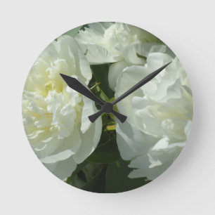 White Peonies Round Clock