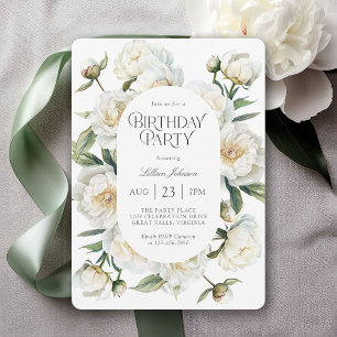 White Peonies Watercolor Floral Birthday Party Invitation