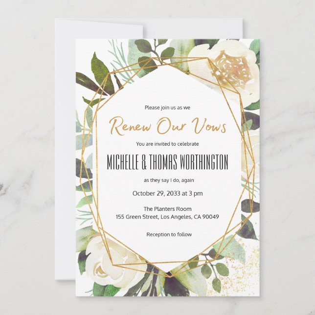 White Peonies Watercolor Floral Vow Renewal Invitation (Front)