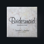 White Peonies Wedding Bridesmaid Nametag 15 Cm Square Badge<br><div class="desc">This beautiful name tag button is perfect for identifying key members of the wedding party at the bridal shower, rehearsal dinner, or wedding reception. It features modern black script lettering over a background of reflecting white peony flowers and hearts. The text is fully customizable and reads: Bridesmaid, with a place...</div>