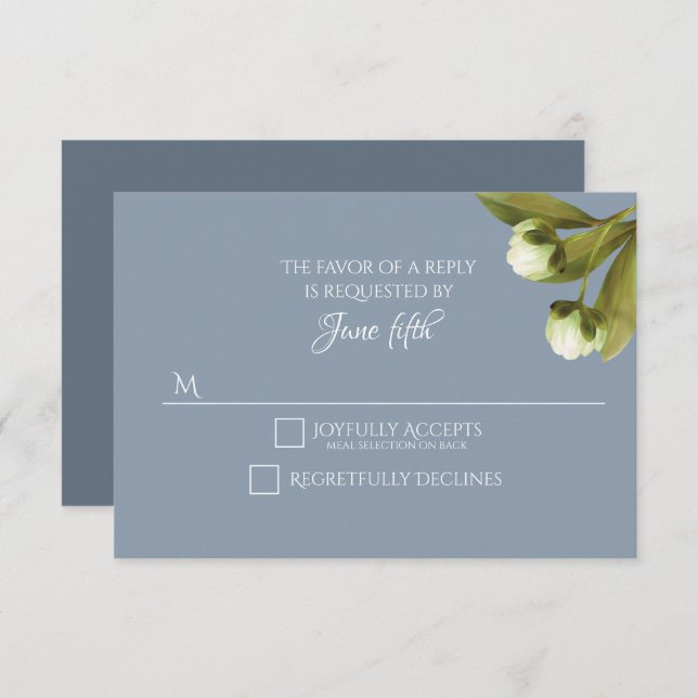White Peonies with Dusty Blue Wedding RSVP (Front/Back)